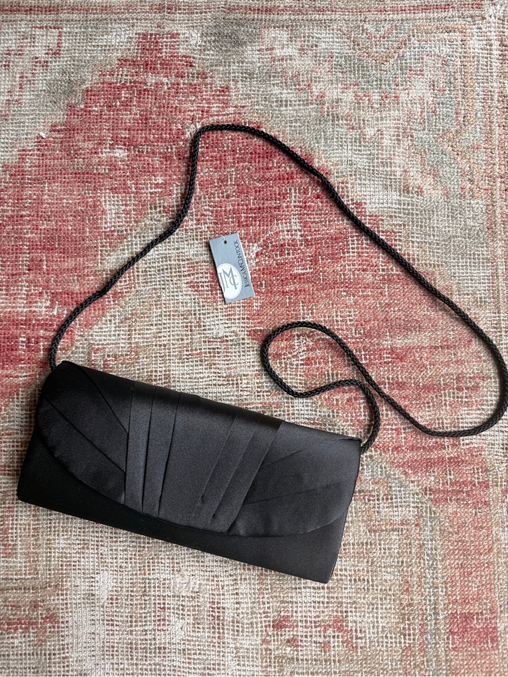 Jessica McClintock Black Satin Folded-Panel Evening Clutch with Chain